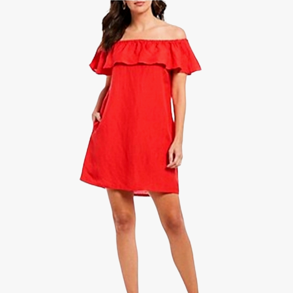 Tommy Bahama Red Off Shoulder Resortwear  Ruffle Linen/Rayon Shift Dress w/Poc…